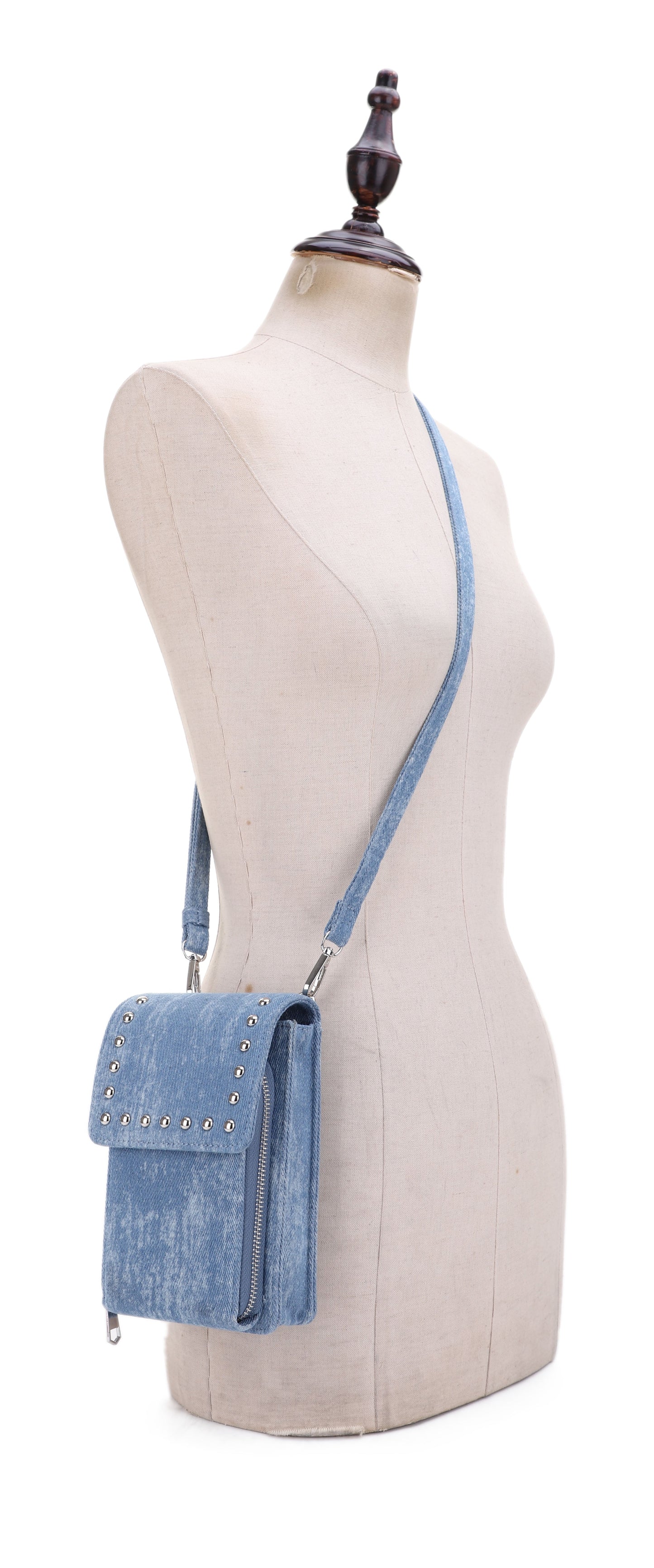 Nia Studded Denim Cell Phone Crossbody Wallet