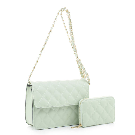 Matching Quilted Chain Crossbody Flap Bag and Wallet