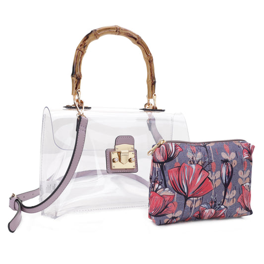 Bamboo Top Handle with Flower Pouch Clear Bag Set