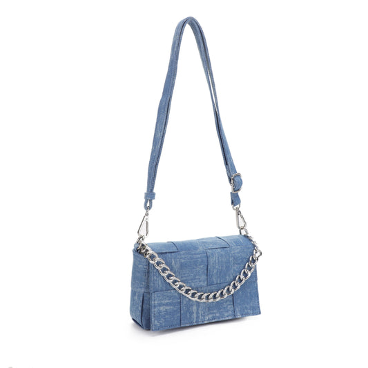 Izzy&Ali Denim Basketweave Baguette Bag with Chain Handle Accent
