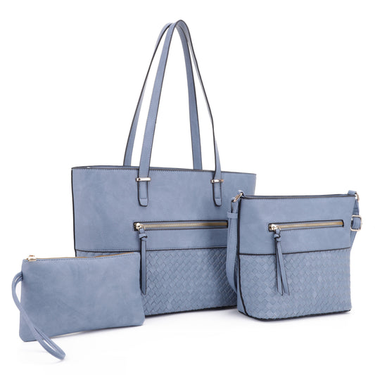 Woven Leather 3-in-1 Tote Bag Set