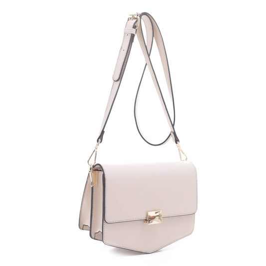 Contemporary Structured Pointed Saddle Crossbody Bag with Buckle Snap Closure