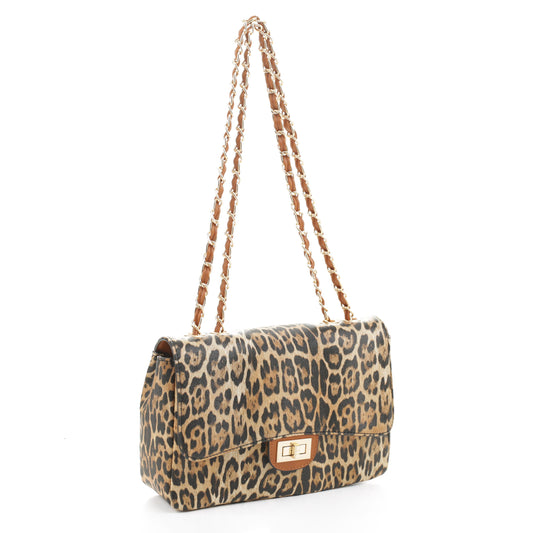 Leopard Print Chain Strap Flap Crossbody Bag with Turn Lock Closure