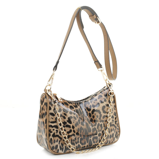 Leopard Print Chain Baguette and Crossbody Bag