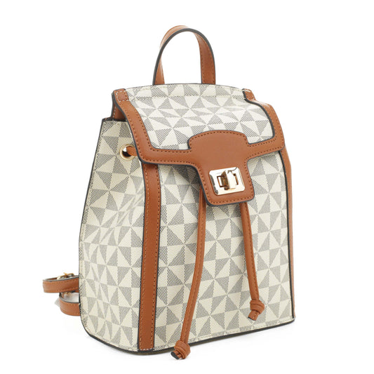 Geometric Monogrammed Drawstring Flap Backpack