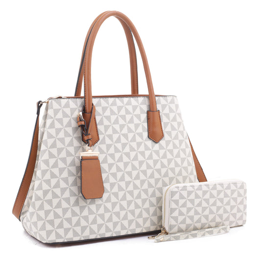 Geometric Monogrammed Tapered Zipper Tote with Matching Zip Around Wristlet Wallet