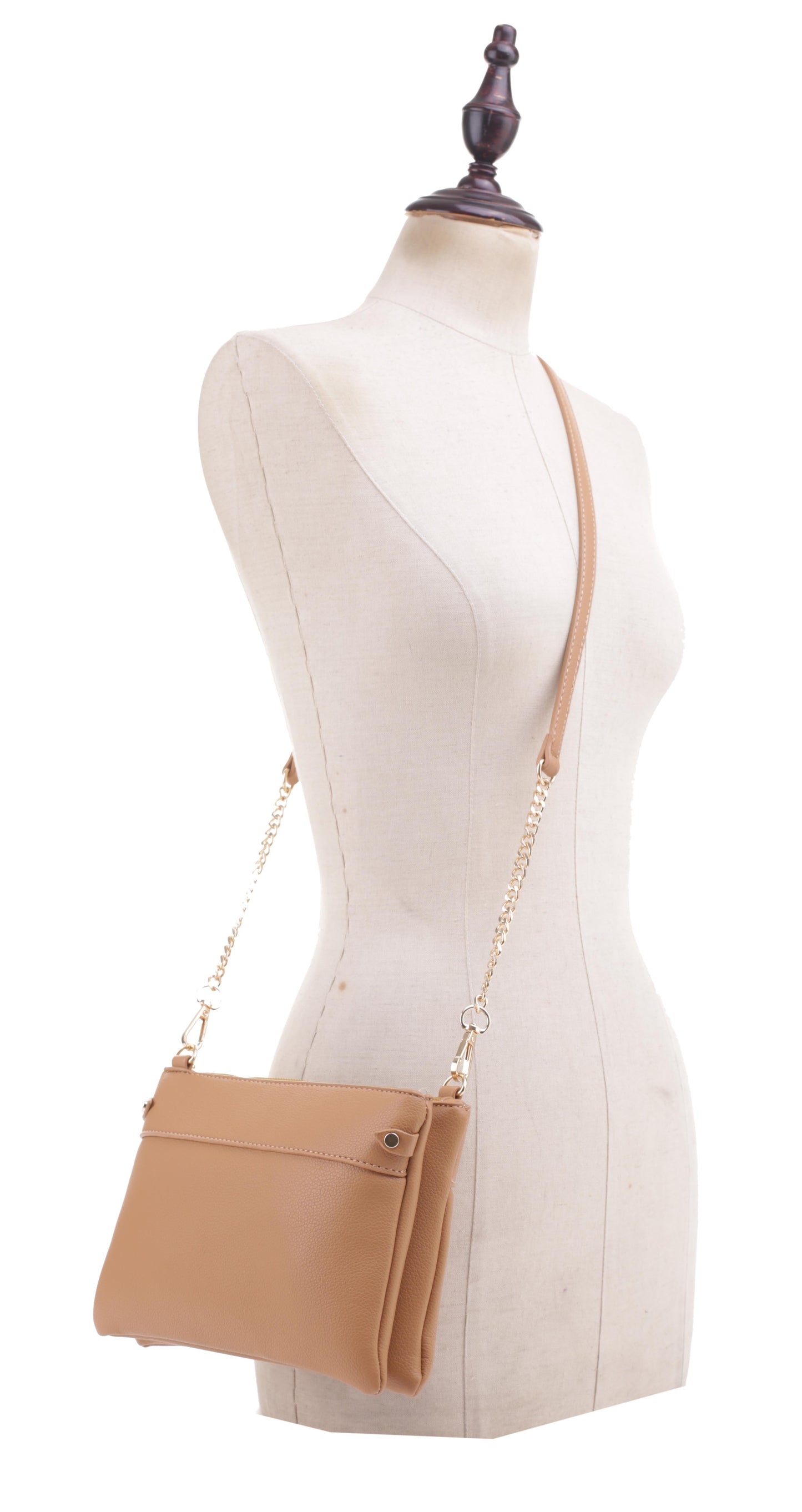 Leather Metal Chain Strap Triple Compartment Crossbody